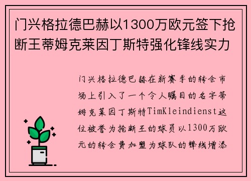 门兴格拉德巴赫以1300万欧元签下抢断王蒂姆克莱因丁斯特强化锋线实力