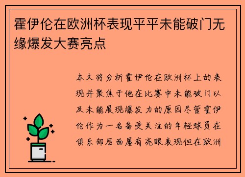 霍伊伦在欧洲杯表现平平未能破门无缘爆发大赛亮点