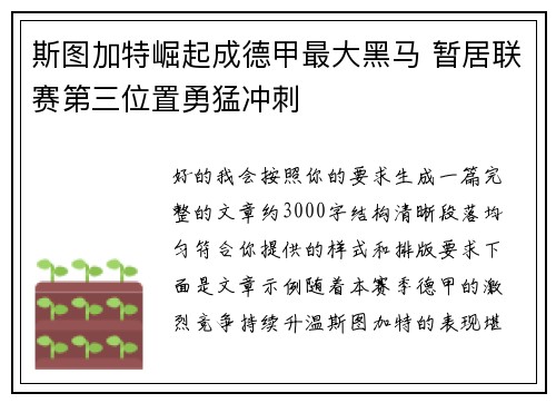 斯图加特崛起成德甲最大黑马 暂居联赛第三位置勇猛冲刺